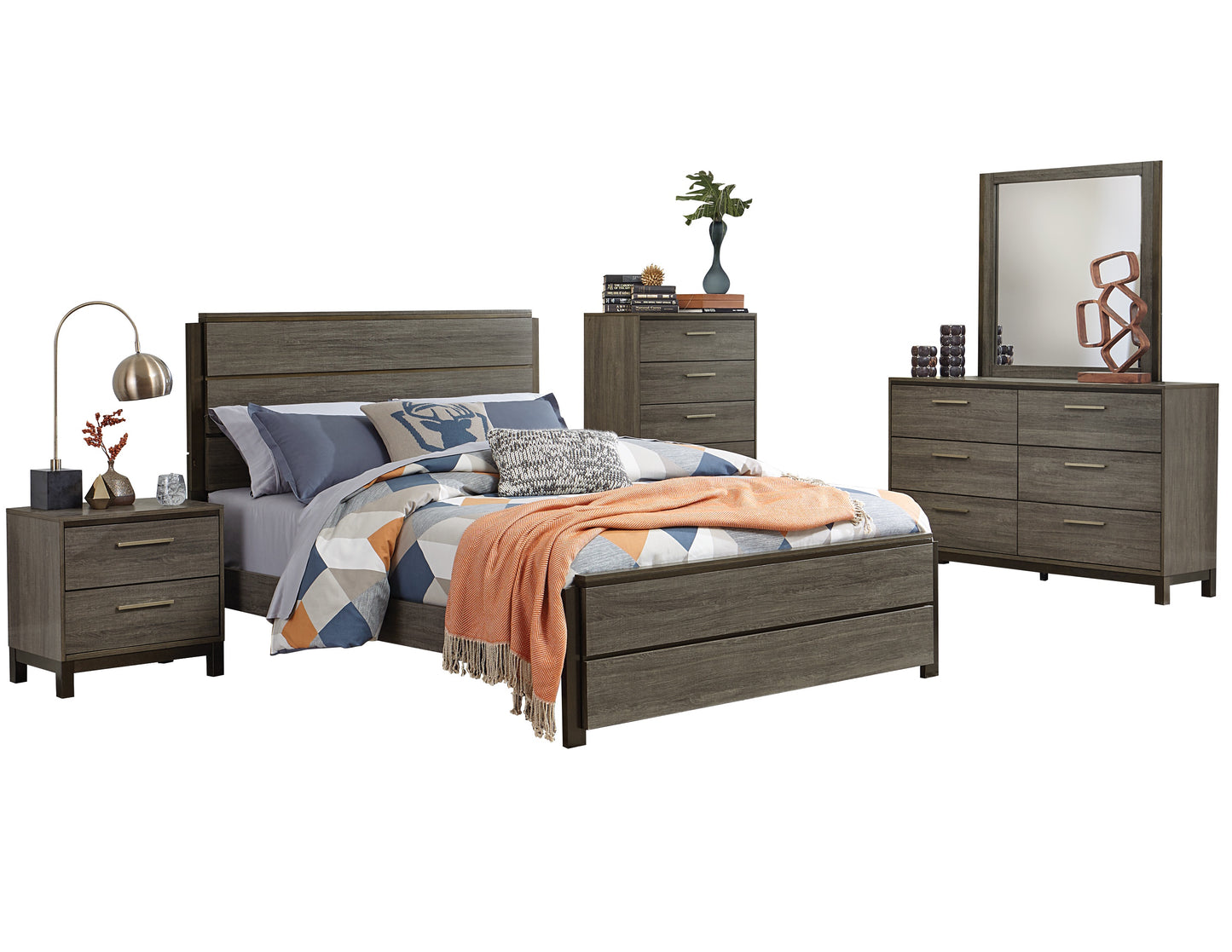 Volos 5PC Bedroom Set E King Bed, Dresser, Mirror, Nightstand, Chest in Mid Modern Grey