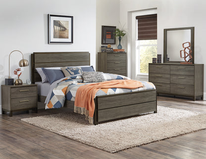 Volos 6PC Bedroom Set Queen Bed, Dresser, Mirror, 2 Nightstand, Chest in Mid Modern Grey
