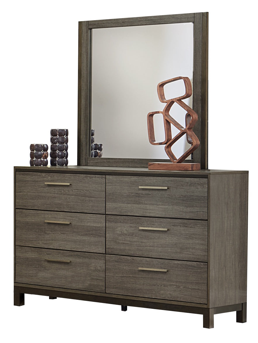 Volos 4PC Bedroom Set Cal King Bed, Dresser, Mirror, Nightstand in Mid Modern Grey