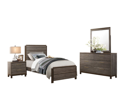 Volos 4PC Bedroom Set Twin Bed, Dresser, Mirror, Nightstand in Mid Modern Grey
