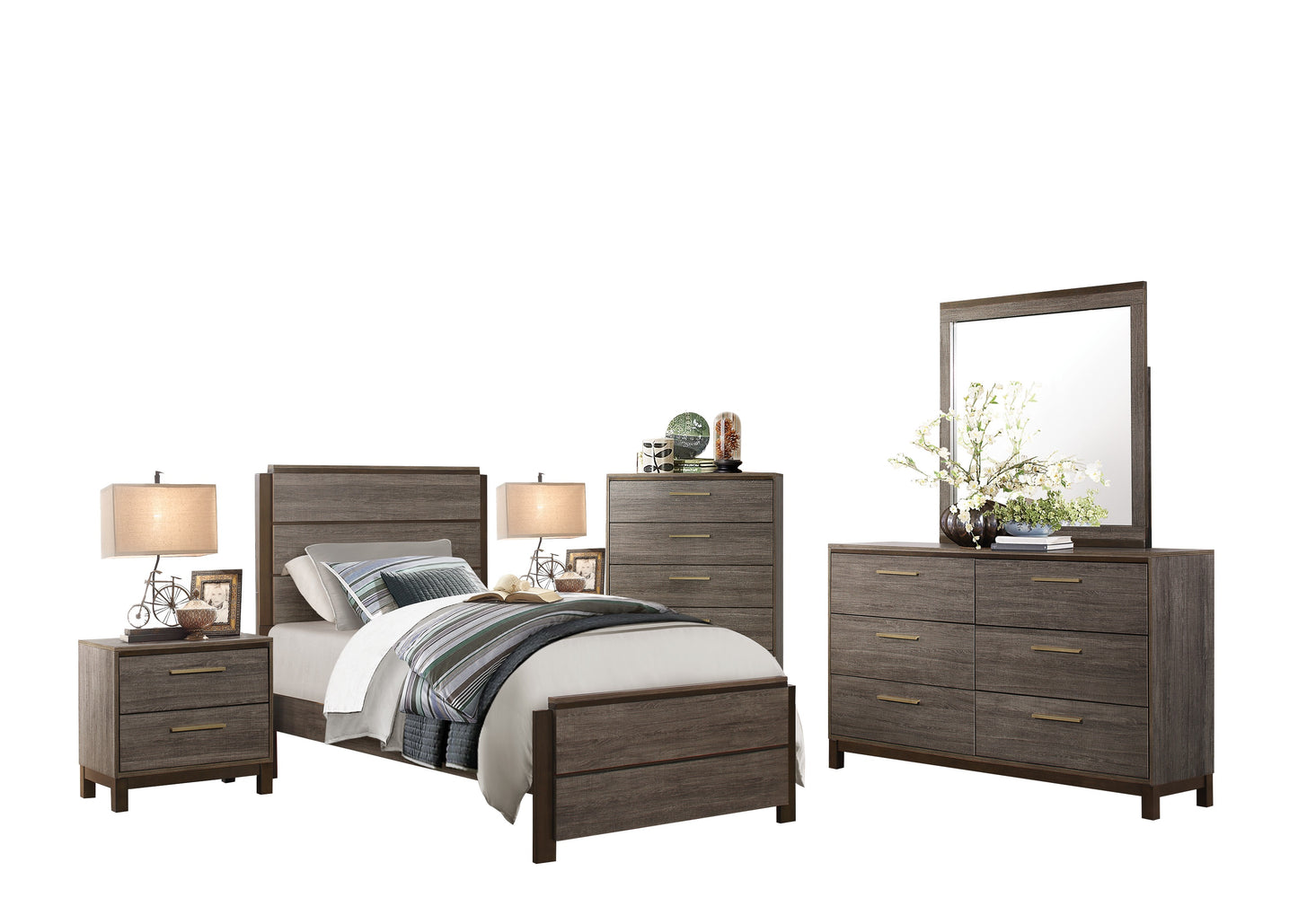 Volos 6PC Bedroom Set Twin Bed, Dresser, Mirror, 2 Nightstand, Chest in Mid Modern Grey