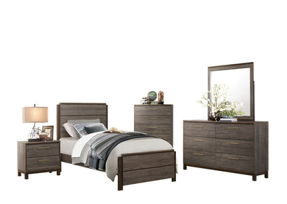 Volos 5PC Bedroom Set Twin Bed, Dresser, Mirror, Nightstand, Chest in Mid Modern Grey
