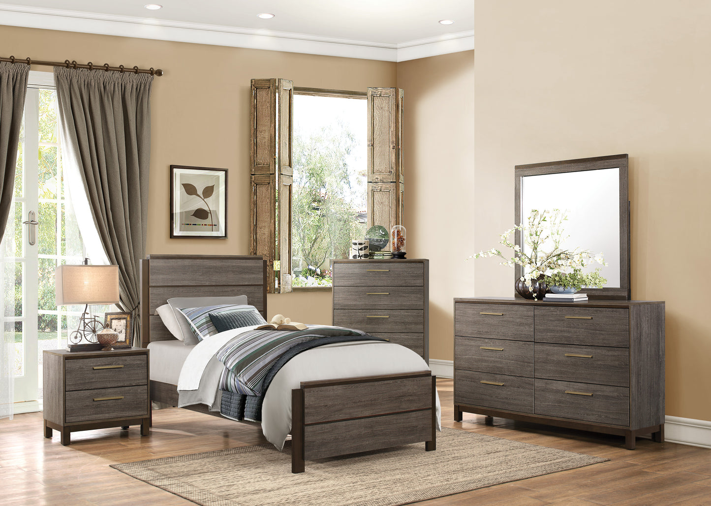 Volos 4PC Bedroom Set Twin Bed, Dresser, Mirror, Nightstand in Mid Modern Grey