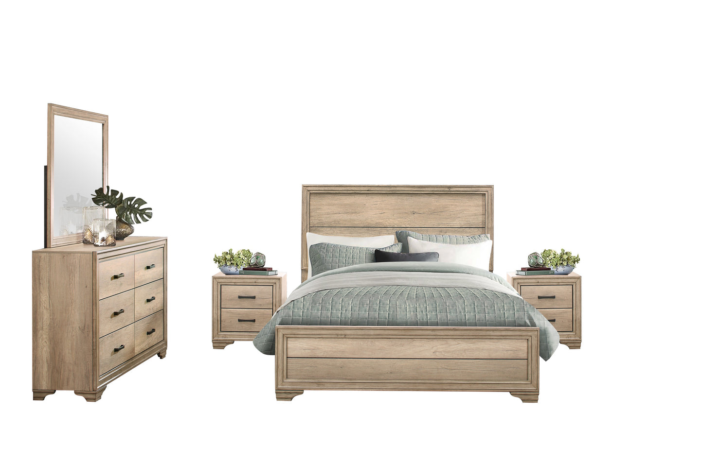 Laudine Rustic 5PC Bedroom Set Cal King Bed, Dresser, Mirror, 2 Nightstand in Weather Industrial Wood