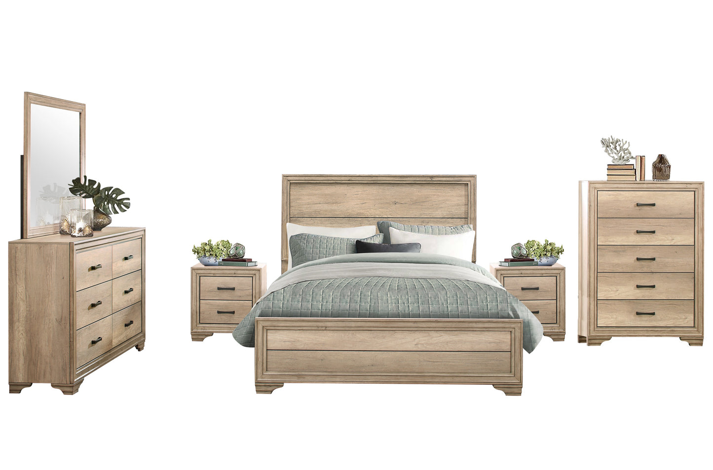 Laudine Rustic 6PC Bedroom Set Cal King Bed, Dresser, Mirror, 2 Nightstand, Chest in Weather Industrial Wood