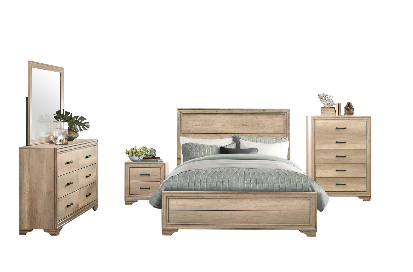 Laudine Rustic 5PC Bedroom Set Cal King Bed, Dresser, Mirror, Nightstand, Chest in Weather Industrial Wood