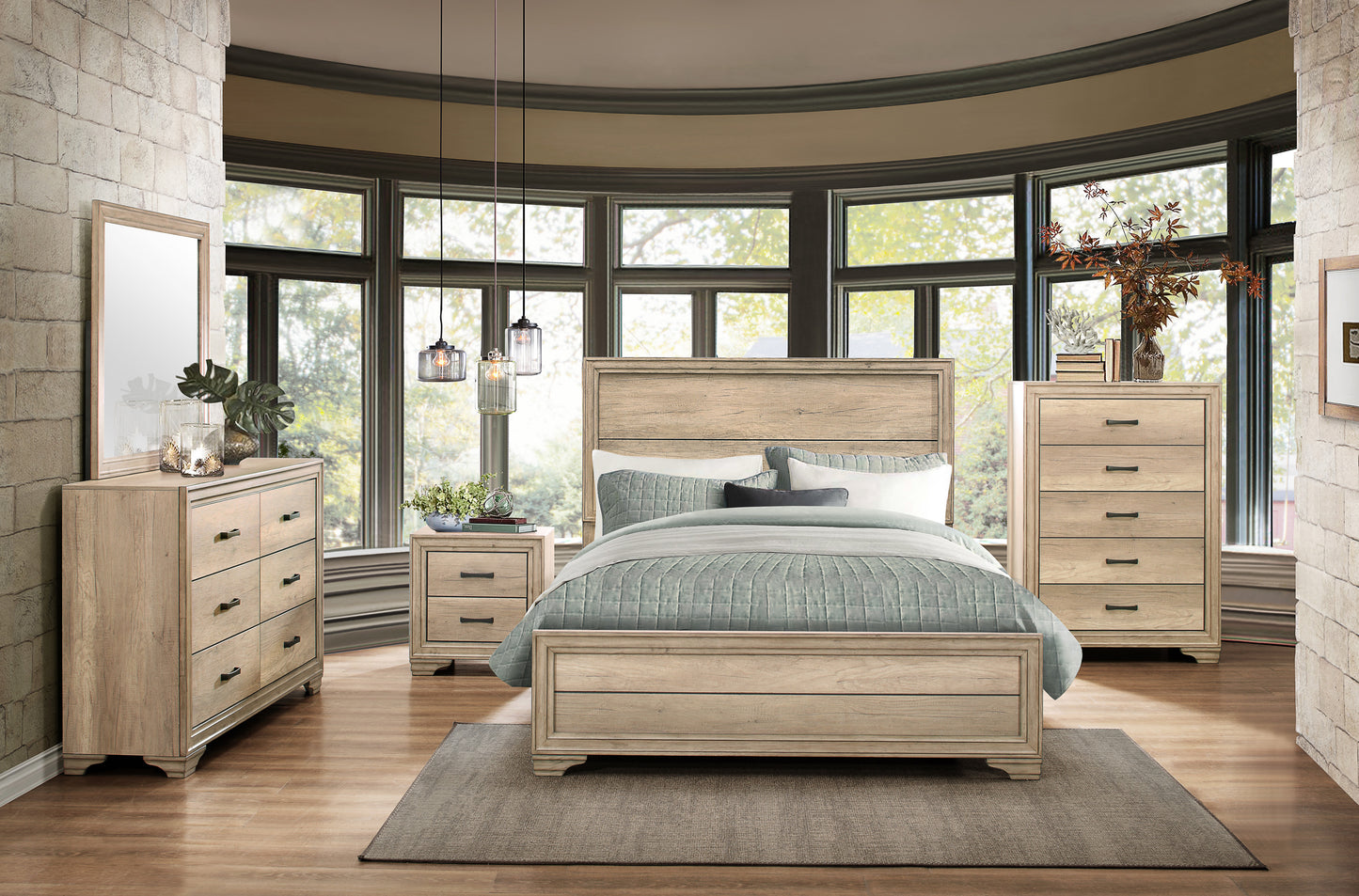 Laudine Rustic 5PC Bedroom Set Cal King Bed, Dresser, Mirror, 2 Nightstand in Weather Industrial Wood