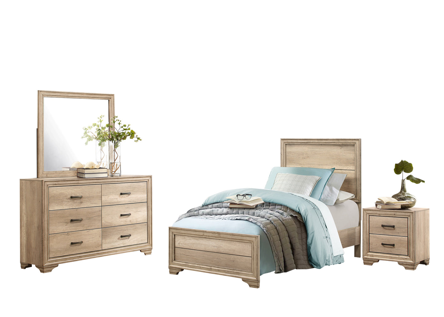 Laudine Rustic 4PC Bedroom Set Full Bed, Dresser, Mirror, Nightstand in Weather Industrial Wood