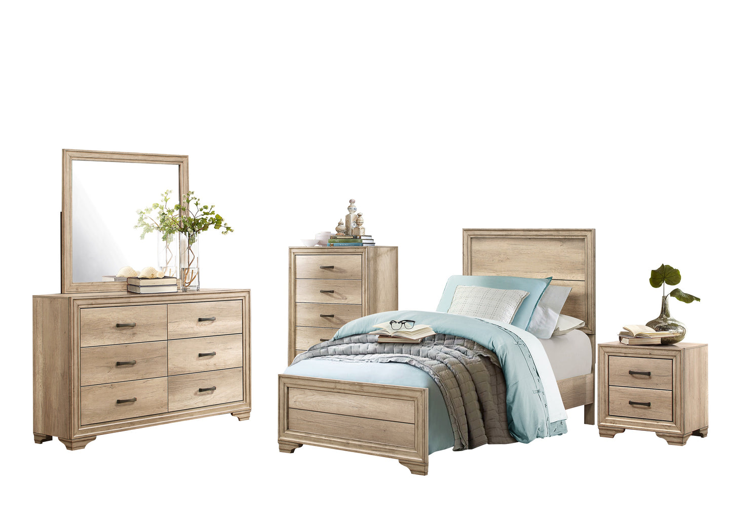Laudine Rustic Modern 5PC Bedroom Set Twin Bed, Dresser, Mirror, Nightstand, Chest in Weather Industrial Wood
