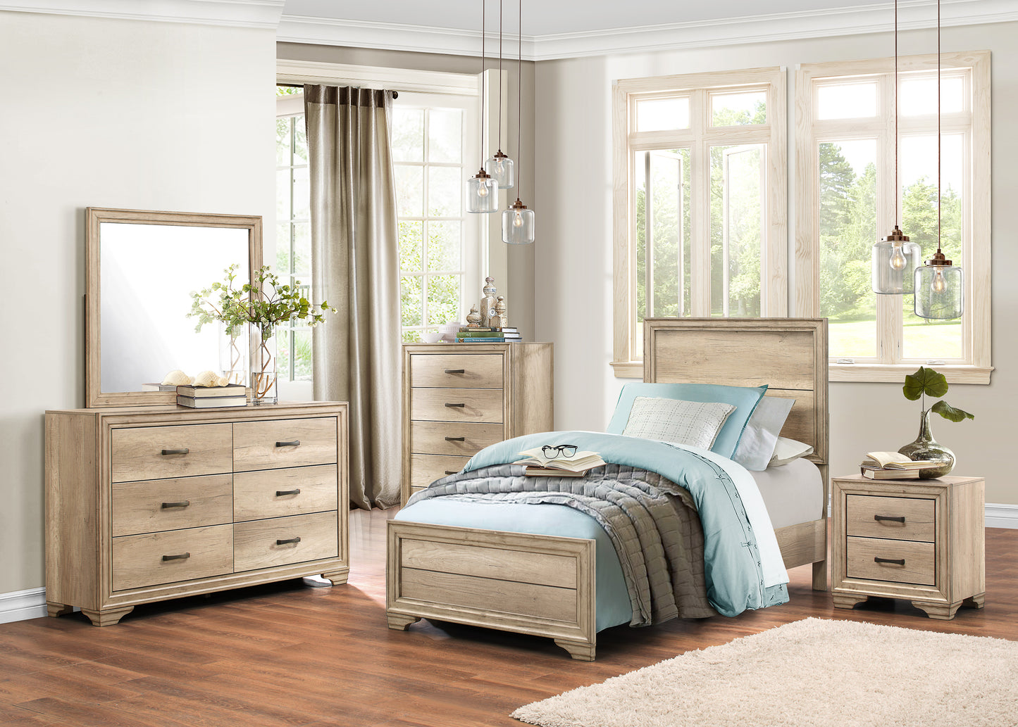 Laudine Rustic 4PC Bedroom Set Twin Bed, Dresser, Mirror, Nightstand in Weather Industrial Wood