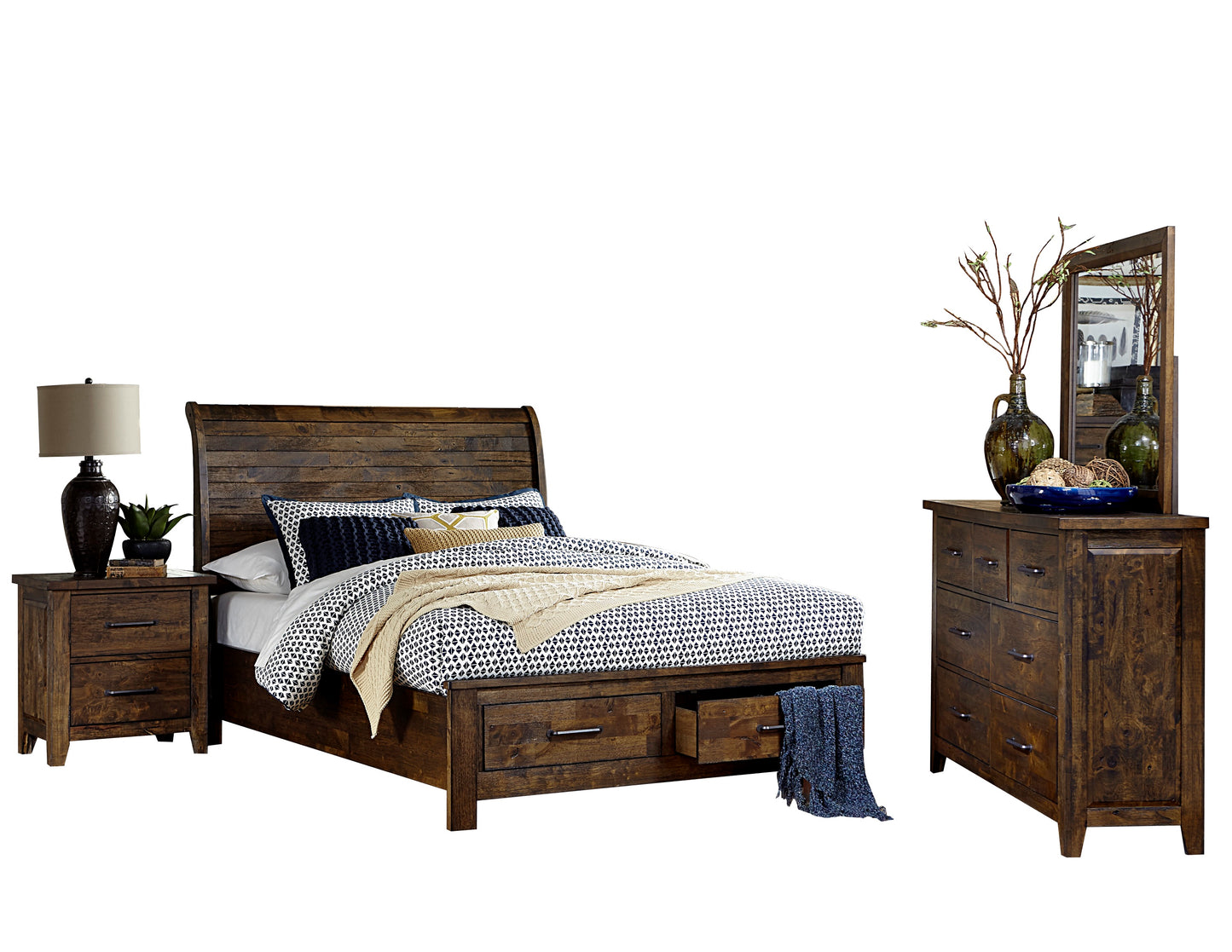 Jacoby Rustic 4PC Bedroom Set E King Sleigh Storage Bed, Dresser, Mirror, Nightstand in Country Brown
