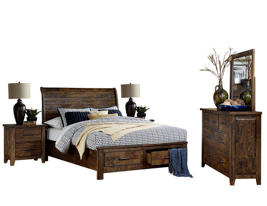 Jacoby Rustic 5PC Bedroom Set Cal King Sleigh Storage Bed, Dresser, Mirror, 2 Nightstand in Country Brown