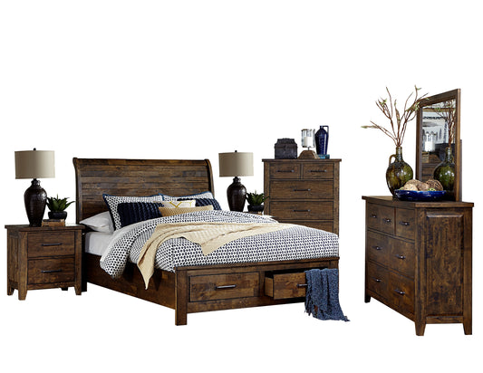 Jacoby Rustic 6PC Bedroom Set Cal King Sleigh Storage Bed, Dresser, Mirror, 2 Nightstand, Chest in Country Brown