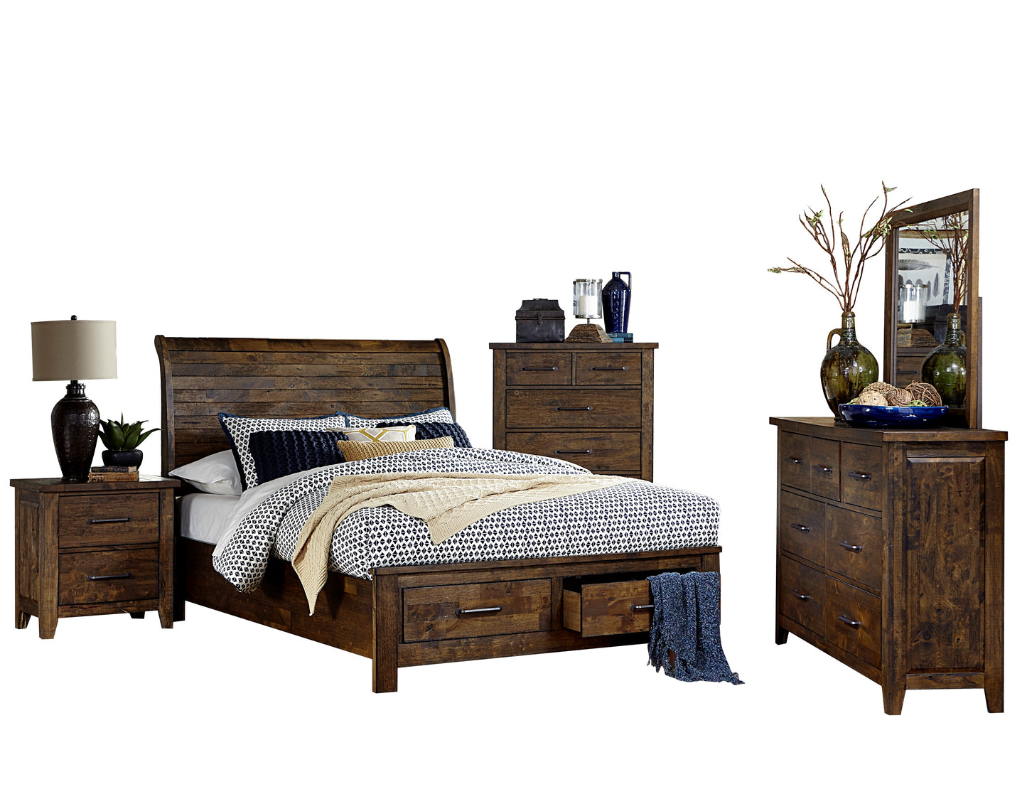 Jacoby Rustic 5PC Bedroom Set Cal King Sleigh Storage Bed, Dresser, Mirror, Nightstand, Chest in Country Brown