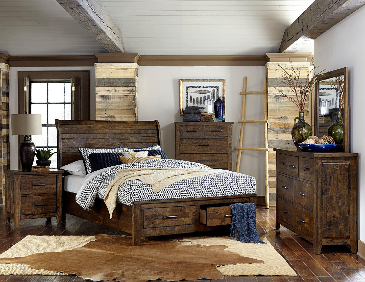 Jacoby Rustic 5PC Bedroom Set E King Sleigh Storage Bed, Dresser, Mirror, Nightstand, Chest in Country Brown