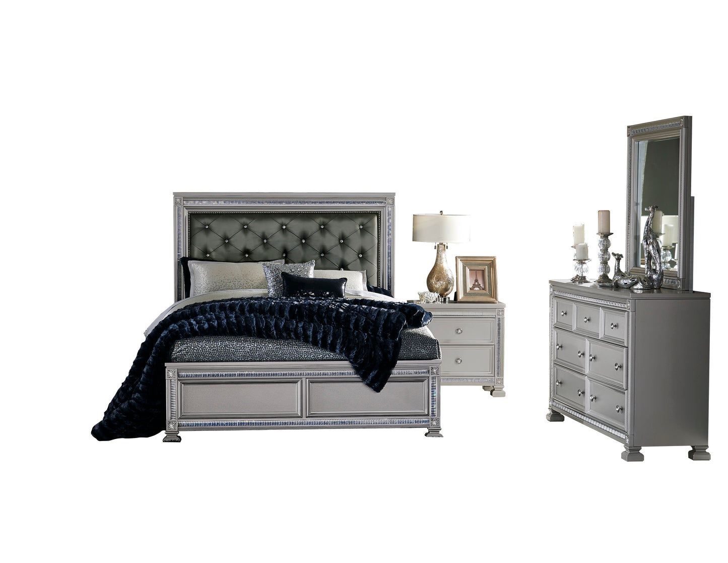 Homelegance Bevelle 4PC Bedroom Set E King Bed Dresser Mirror One Nightstand in Metallic Grey