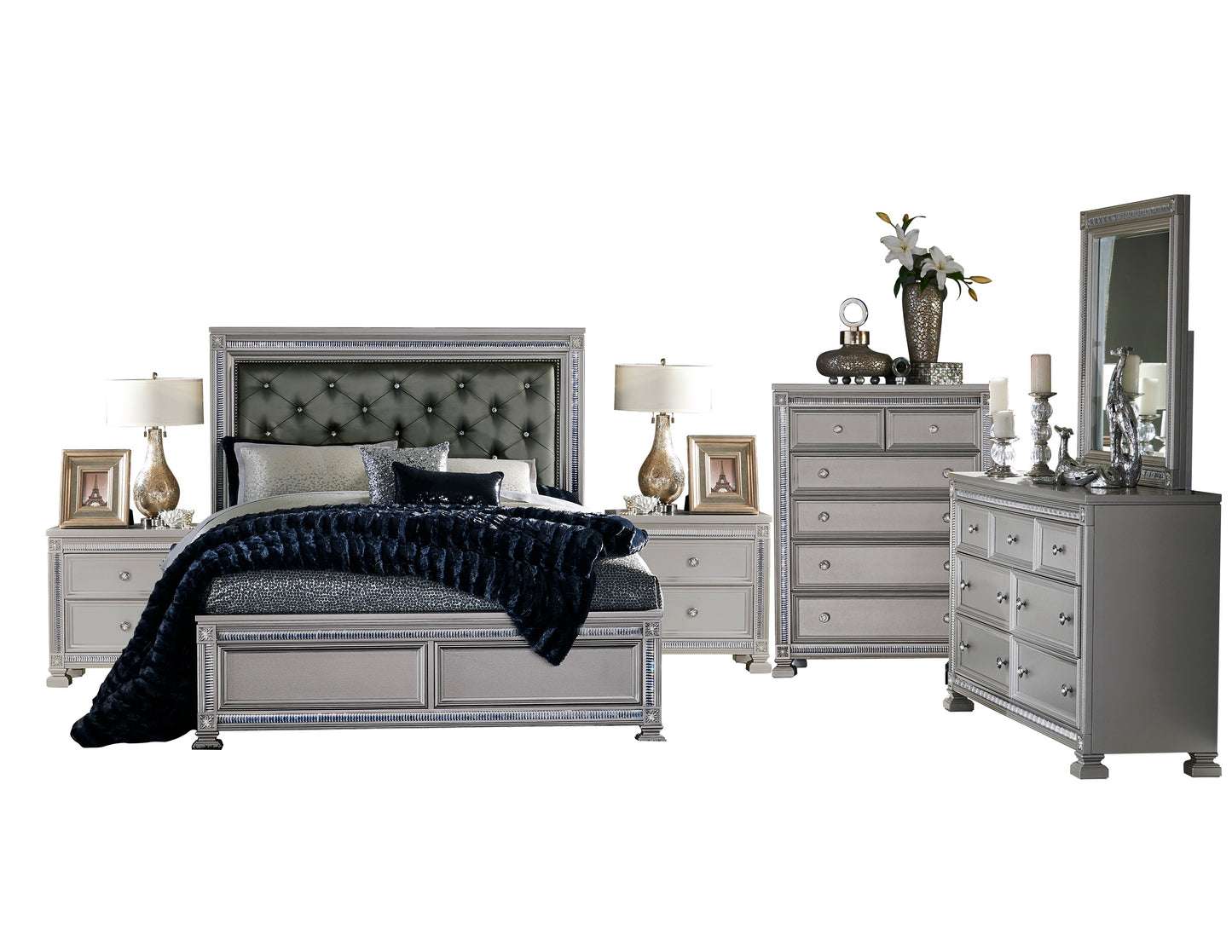 Homelegance Bevelle 6PC Bedroom Set Cal King Bed Dresser Mirror Two Nightstand Chest in Metallic Grey