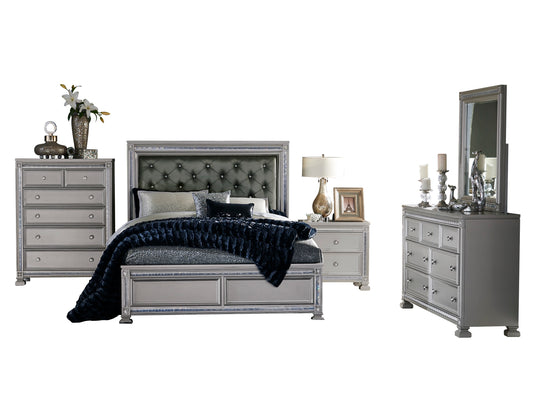 Homelegance Bevelle 5PC Bedroom Set Cal King Bed Dresser Mirror One Nightstand Chest in Metallic Grey