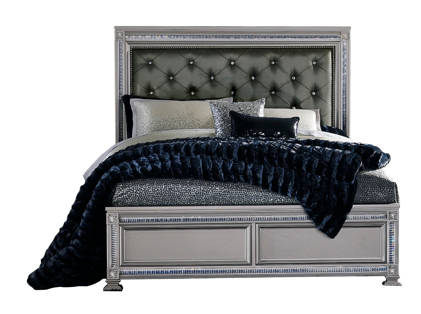 Homelegance Bevelle 6PC Bedroom Set Cal King Bed Dresser Mirror Two Nightstand Chest in Metallic Grey