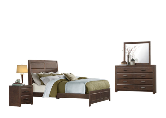 Earth 4PC Bedroom Set Queen Panel Bed One Nightstand Dresser & Mirror in Contemporary Brown