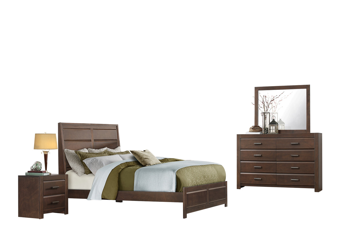 Earth 4PC Bedroom Set E King Panel Bed One Nightstand Dresser & Mirror in Contemporary Brown