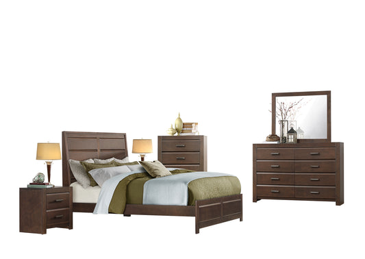 Earth 6PC Bedroom Set Cal King Panel Bed, 2 Nightstand, Dresser, Mirror, Chest in Contemporary Brown