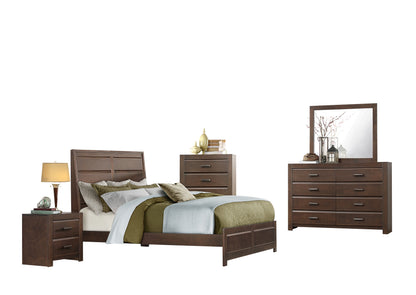 Earth 5PC Bedroom Set Cal King Panel Bed, Nightstand, Dresser, Mirror, Chest in Contemporary Brown