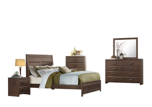 Earth 5PC Bedroom Set Queen Panel Bed, Nightstand, Dresser, Mirror, Chest in Contemporary Brown
