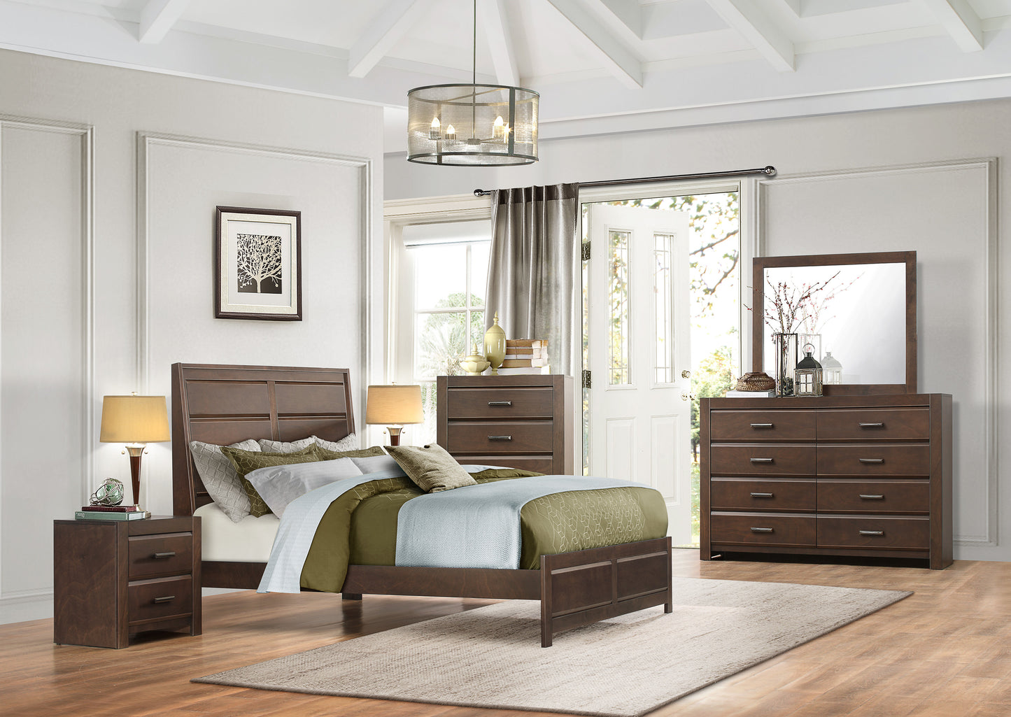 Earth 6PC Bedroom Set Cal King Panel Bed, 2 Nightstand, Dresser, Mirror, Chest in Contemporary Brown