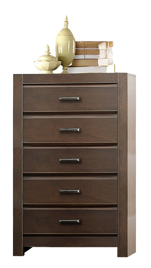 Earth 6PC Bedroom Set Cal King Panel Bed, 2 Nightstand, Dresser, Mirror, Chest in Contemporary Brown