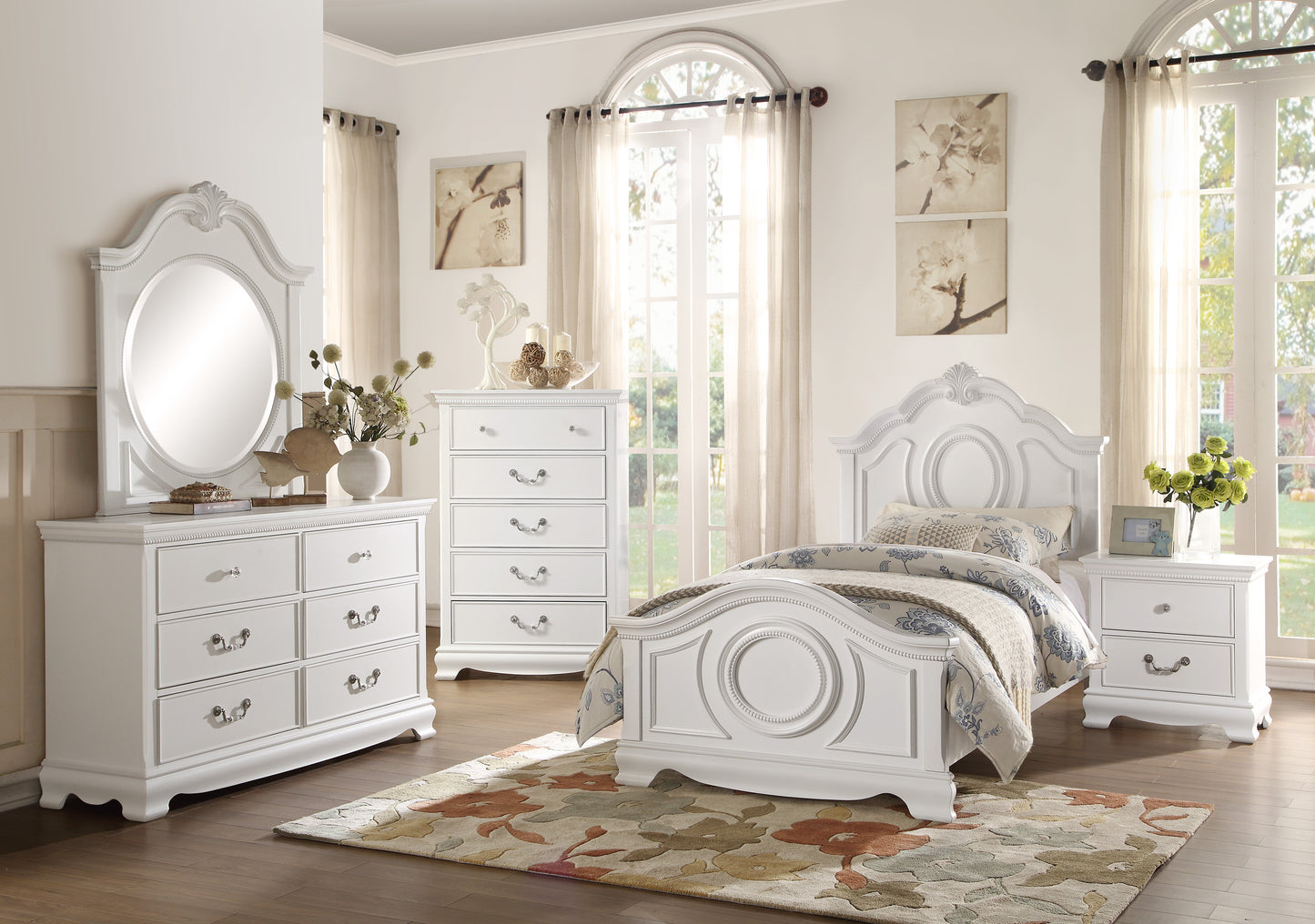 Labrant Girls Cottage 4PC Bedroom Set Twin Bed, Dresser, Mirror, Nightstand in White