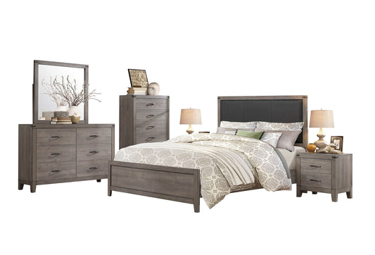 Walen Industrial 6PC Bedroom Set Queen Bed, Dresser, Mirror, 2 Nightstand, Chest in Grey