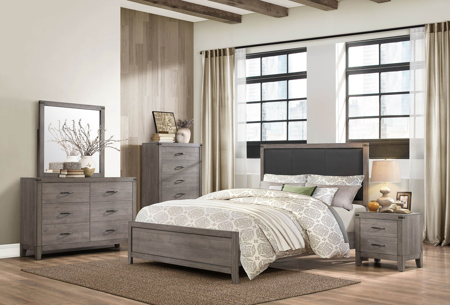 Walen Industrial 5PC Bedroom Set Queen Bed, Dresser, Mirror, 2 Nightstand in Grey