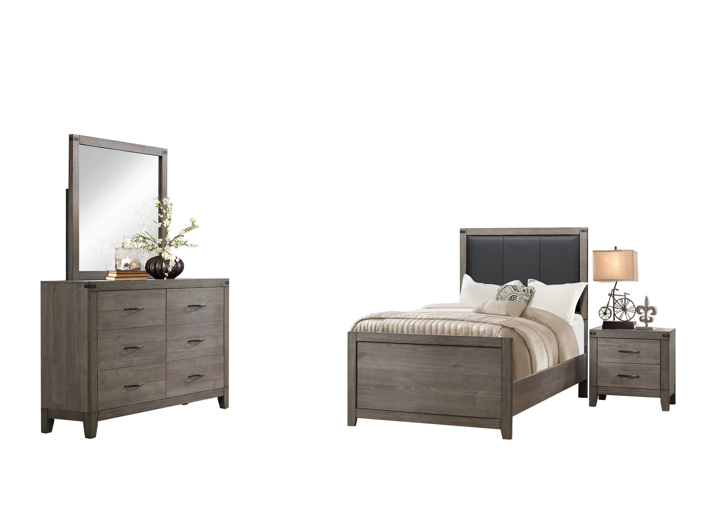 Walen Industrial 4PC Bedroom Set Full Bed, Dresser, Mirror, Nightstand in Grey
