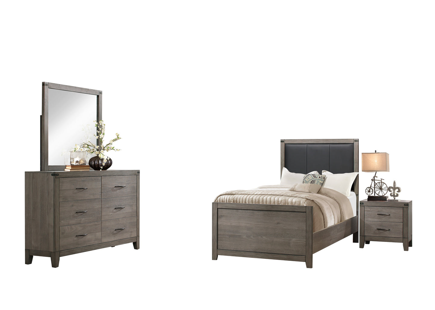 Walen Industrial 4PC Bedroom Set Twin Bed, Dresser, Mirror, Nightstand in Grey