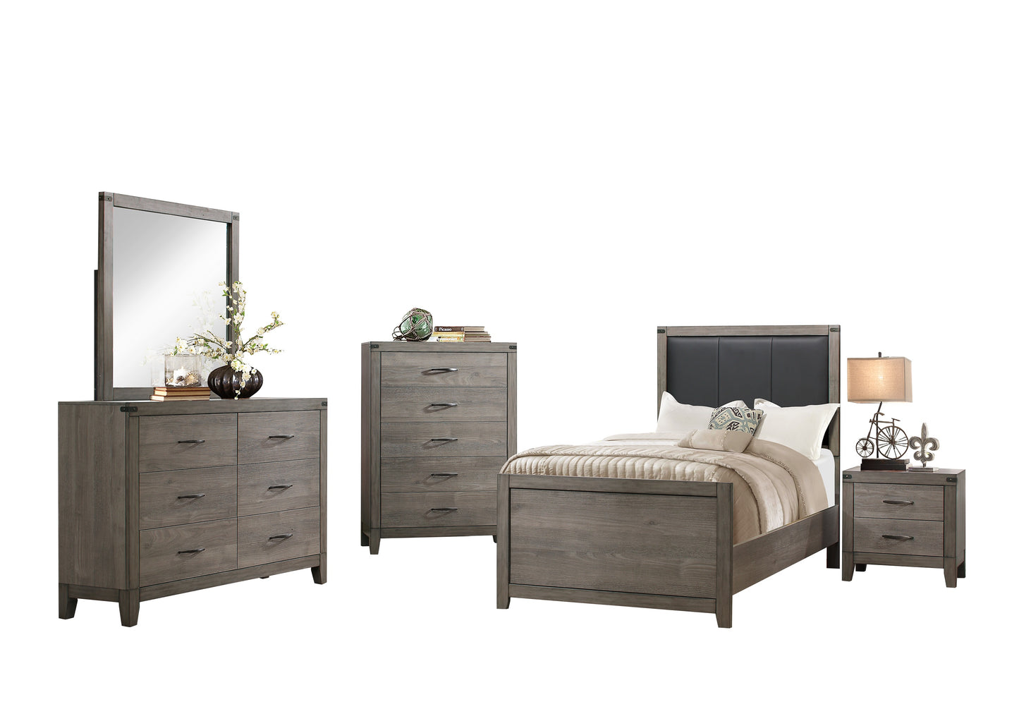 Walen Industrial 5PC Bedroom Set Twin Bed, Dresser, Mirror, Nightstand, Chest in Grey