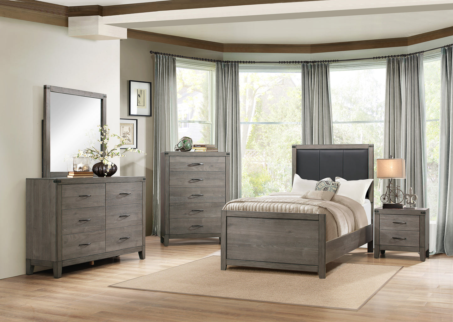 Walen Industrial 4PC Bedroom Set Twin Bed, Dresser, Mirror, Nightstand in Grey