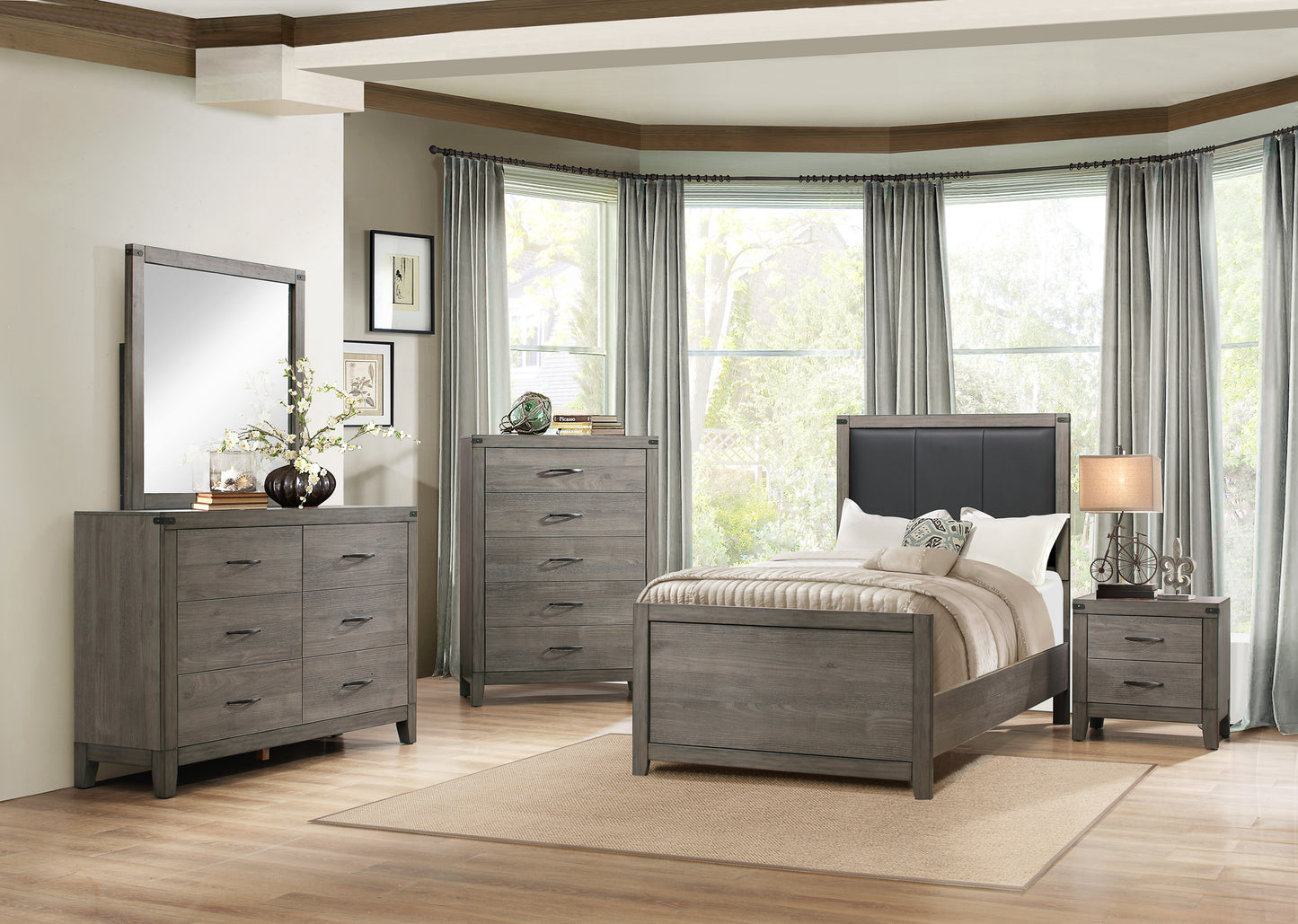 Walen Industrial 5PC Bedroom Set Full Bed, Dresser, Mirror, 2 Nightstand in Grey