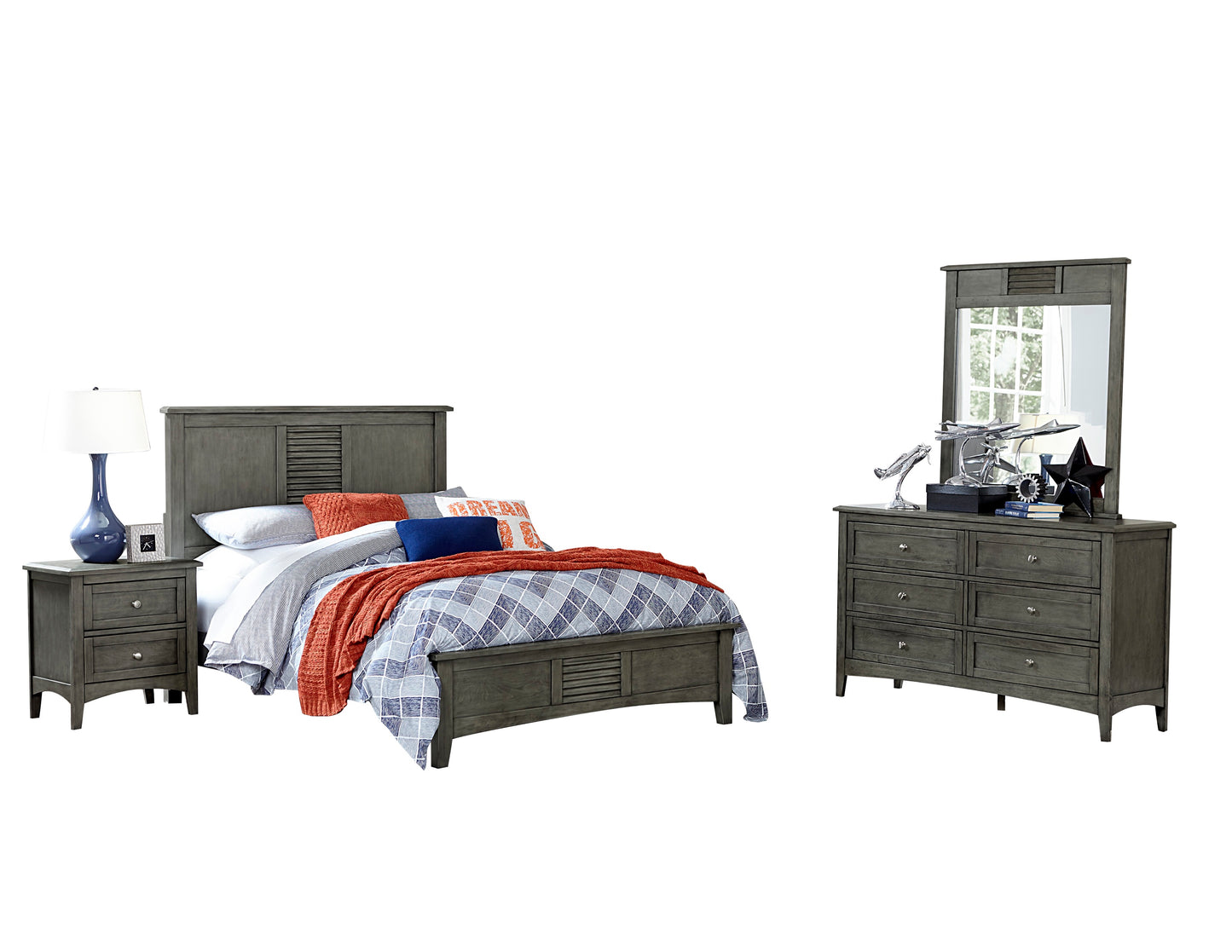 Gabbert Rustic 4PC Bedroom Set E King Bed, Dresser, Mirror, Nightstand in Grey