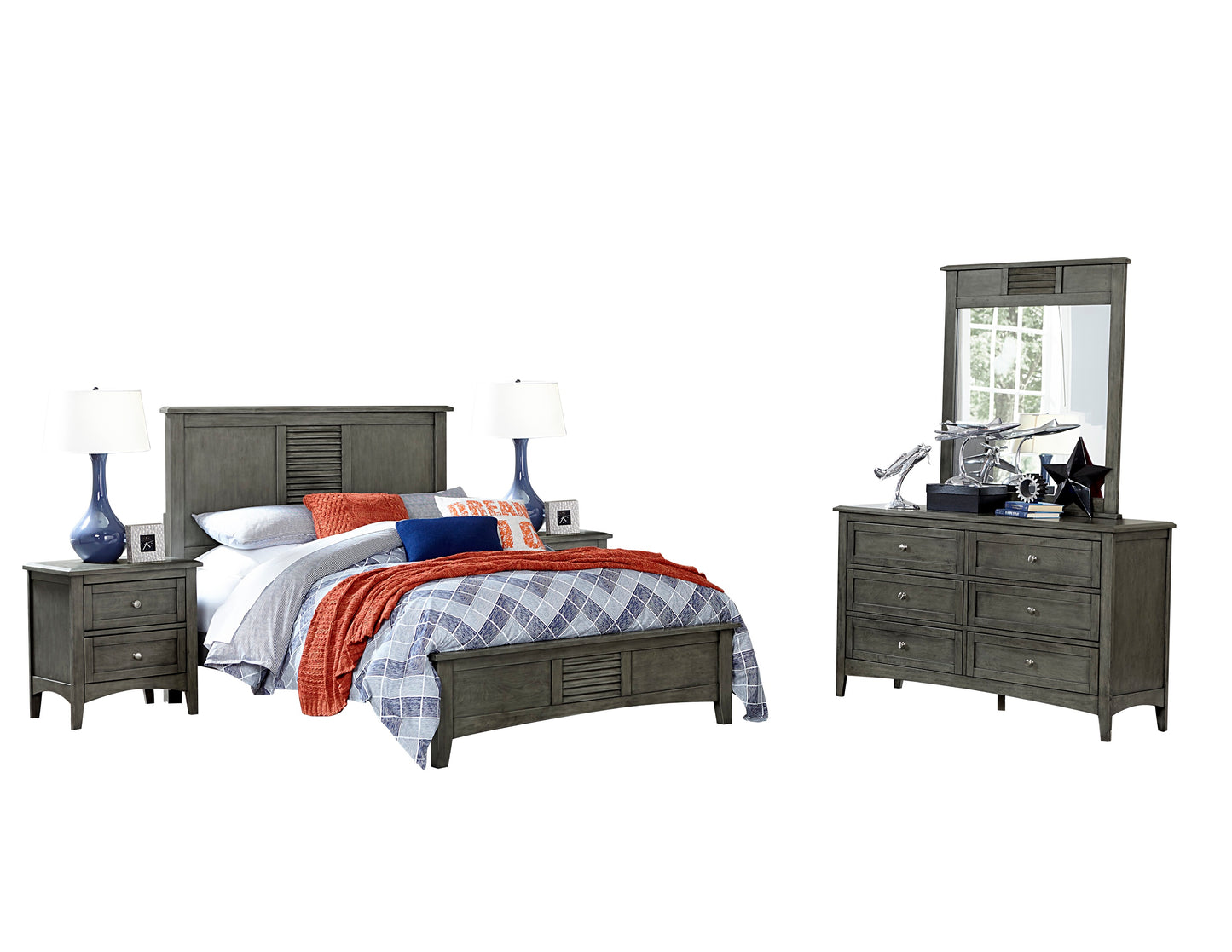 Gabbert Rustic 5PC Bedroom Set E King Bed, Dresser, Mirror, 2 Nightstand in Grey