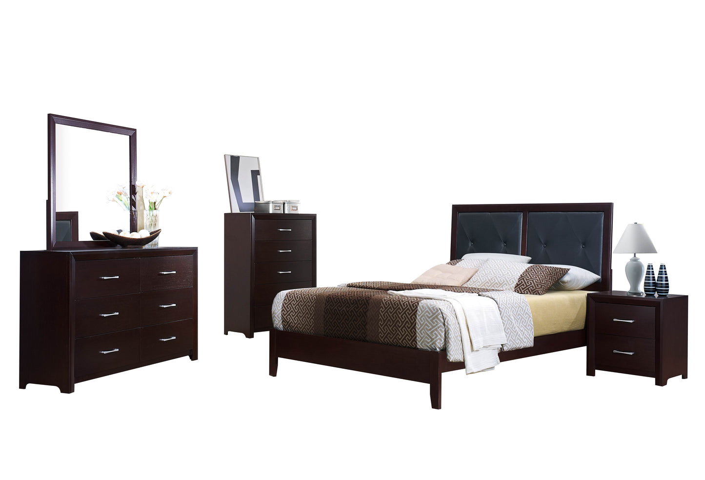 Eagen Casual 5PC Bedroom Set E King Bed, Nightstand, Dresser, Mirror, Chest in Brown Espresso