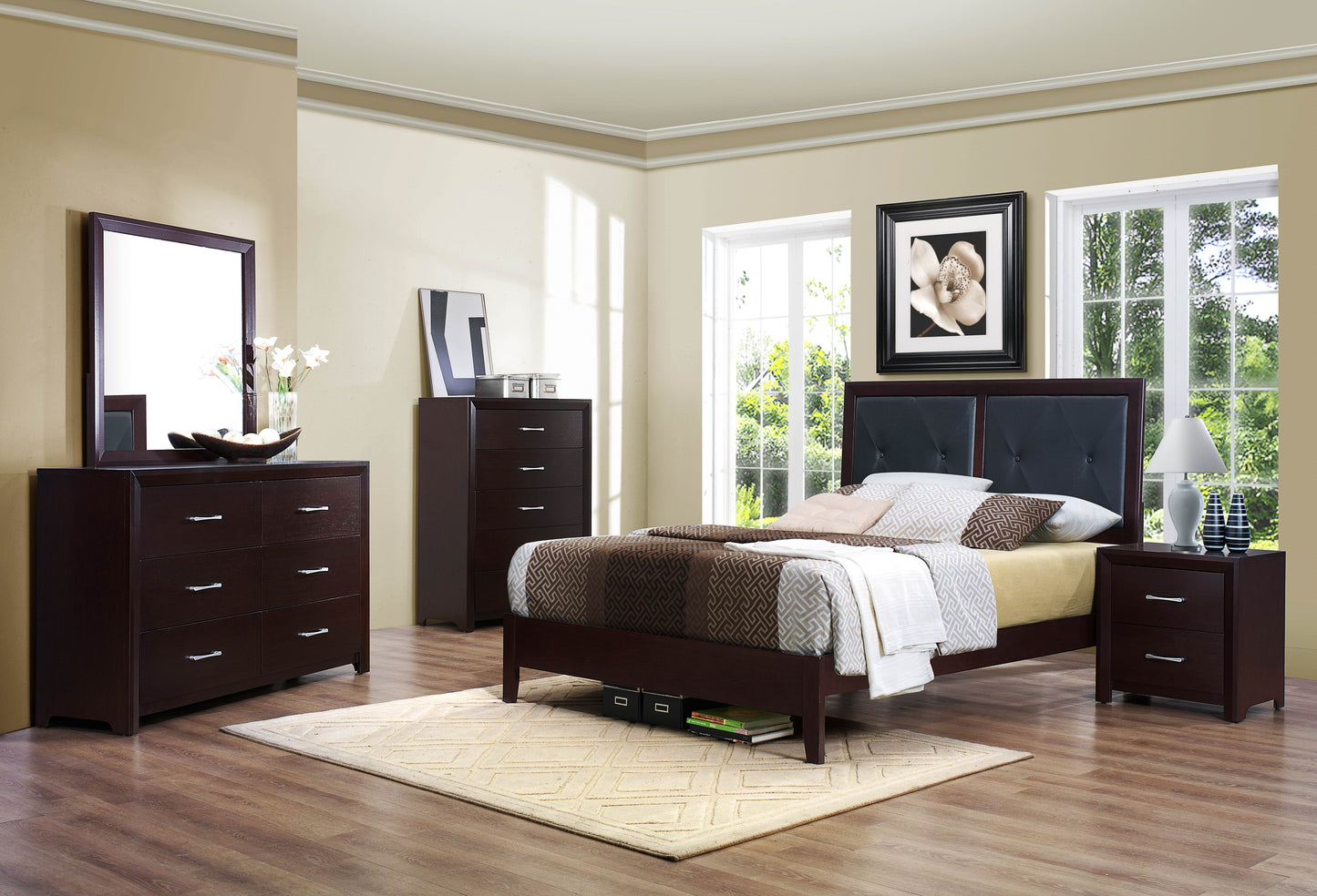 Eagen Casual 5PC Bedroom Set Queen Bed, 2 Nightstand, Dresser, Mirror in Brown Espresso