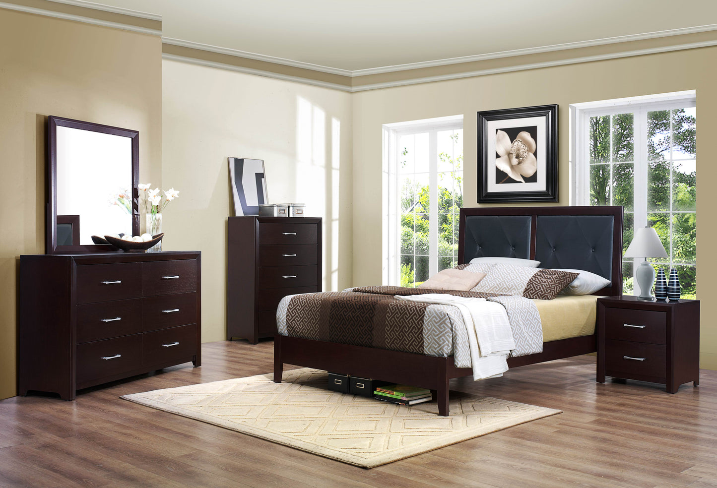 Eagen Casual 4PC Bedroom Set Queen Bed, Nightstand, Dresser, Mirror in Brown Espresso