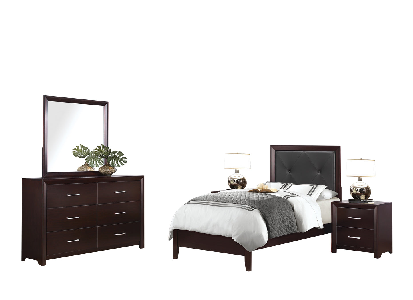 Eagen Casual 5PC Bedroom Set Full Bed, 2 Nightstand, Dresser, Mirror in Brown Espresso