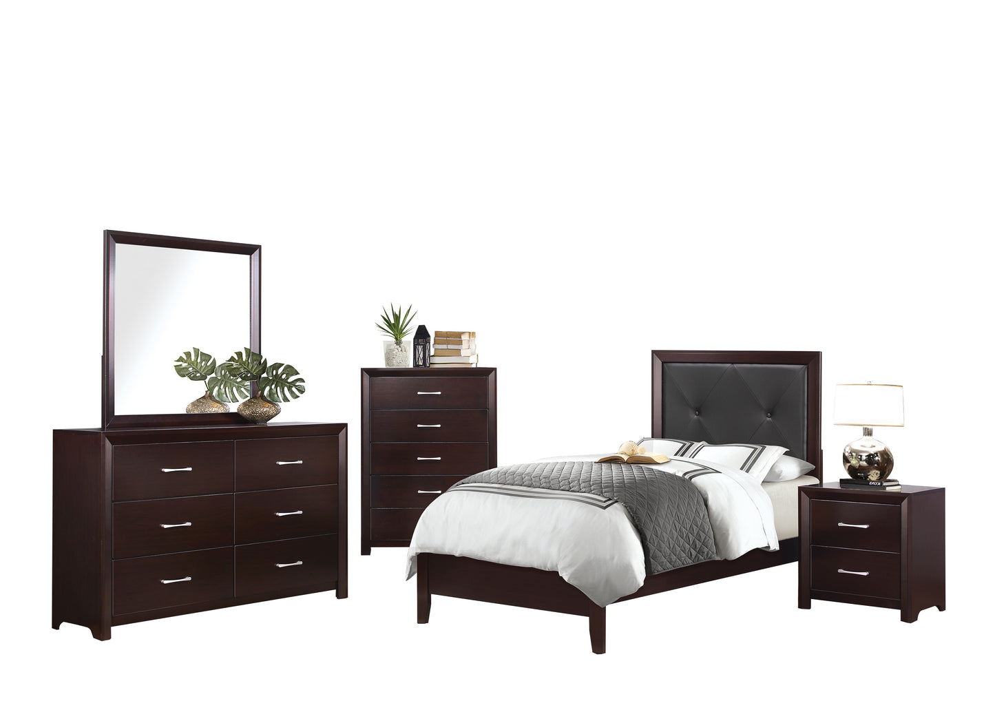 Eagen Casual 5PC Bedroom Set Twin Bed, Nightstand, Dresser, Mirror, Chest in Brown Espresso
