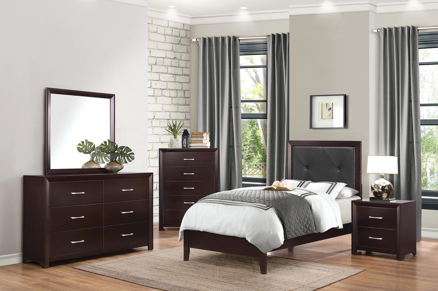 Eagen Casual 5PC Bedroom Set Twin Bed, Nightstand, Dresser, Mirror, Chest in Brown Espresso