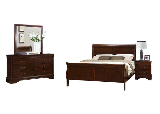 Manburg Louis Philippe 4PC Bedroom Set Cal King Bed, Dresser, Mirror, Nightstand in Burnish Cherry