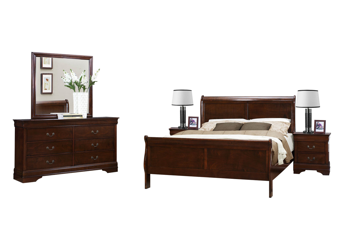 Manburg Louis Philippe 5PC Bedroom Set E King Bed, Dresser, Mirror, 2 Nightstand in Burnish Cherry
