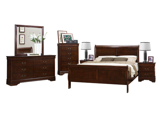 Manburg Louis Philippe 6PC Bedroom Set Queen Bed, Dresser, Mirror, 2 Nightstand, Chest in Burnish Cherry