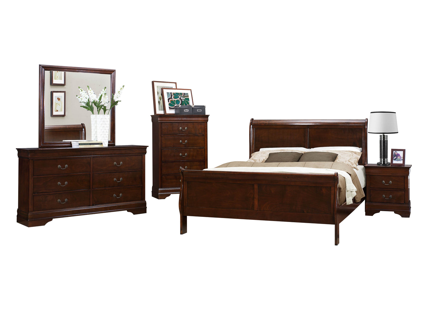 Manburg Louis Philippe 5PC Bedroom Set Cal King Bed, Dresser, Mirror, Nightstand, Chest in Burnish Cherry